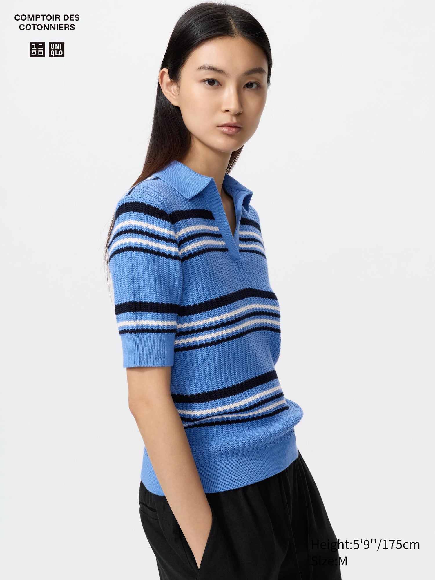 Cotton Pointelle Skipper Polo Sweater - BLUE