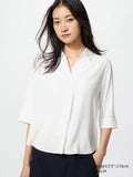 Rayon Skipper Collar Blouse 3/4 Sleeve - WHITE