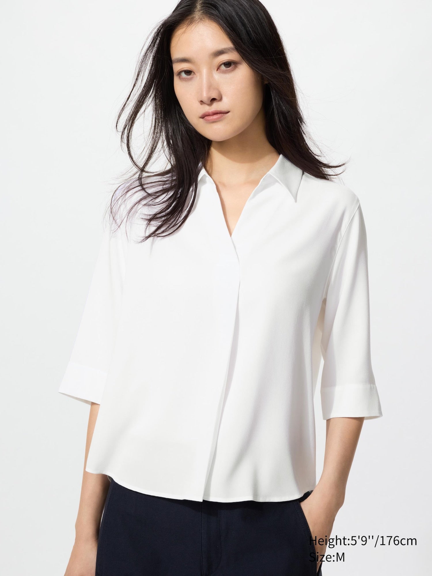 Rayon Skipper Collar Blouse 3/4 Sleeve - WHITE