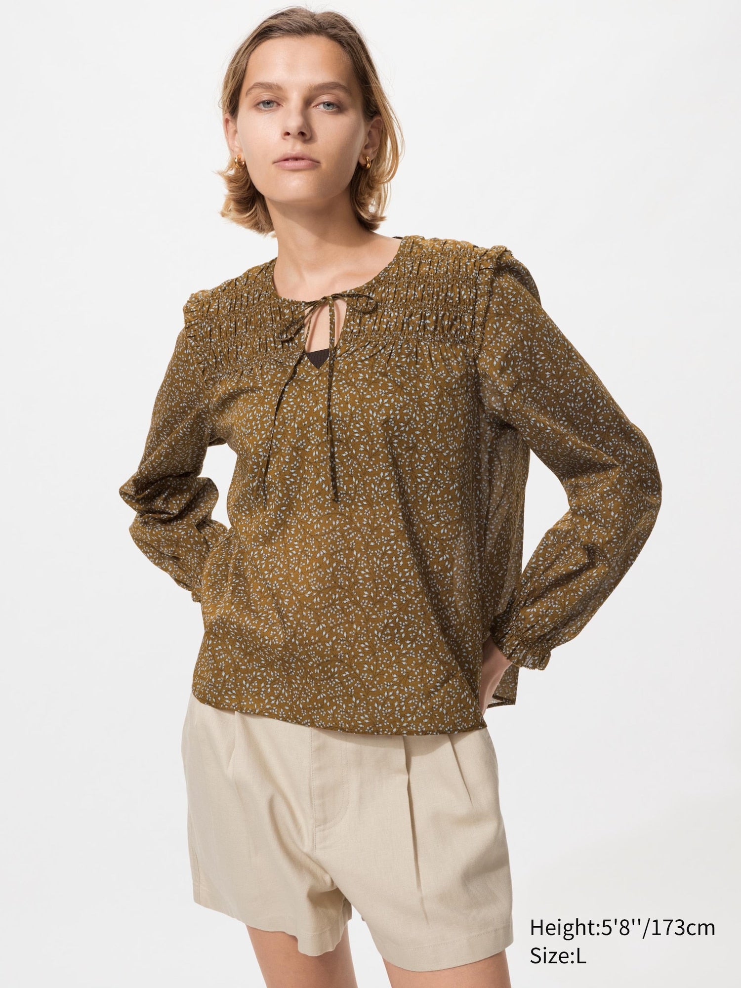 Light Cotton Shirring Blouse - BROWN
