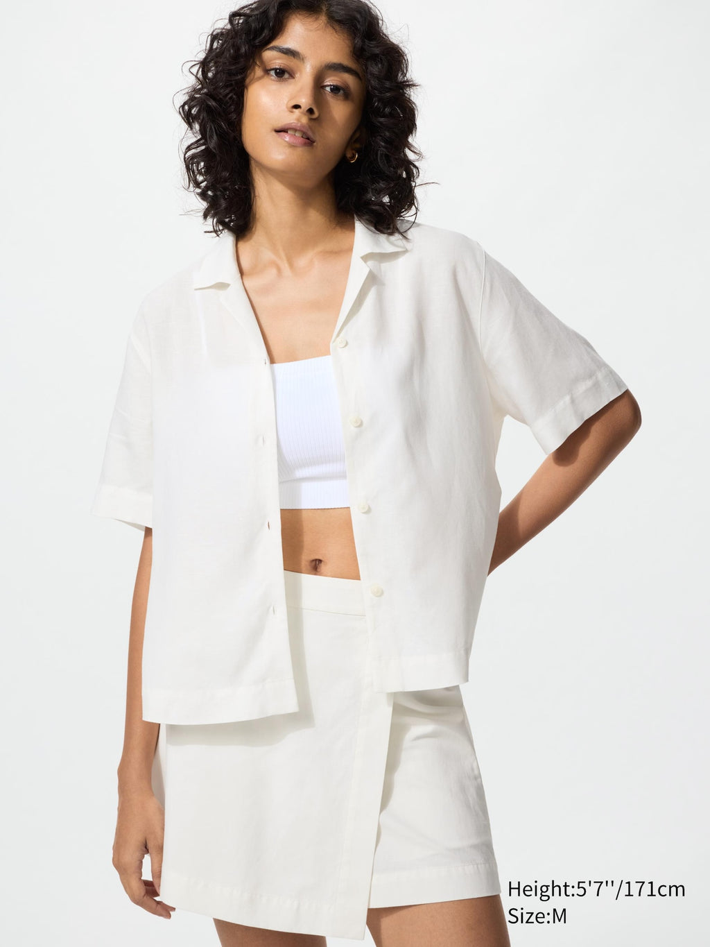 Linen Blend Open Collar Shirt Short Sleeve - OFF WHITE