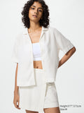 Linen Blend Open Collar Shirt Short Sleeve - OFF WHITE