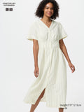 Linen Blend V Neck Dress - OFF WHITE