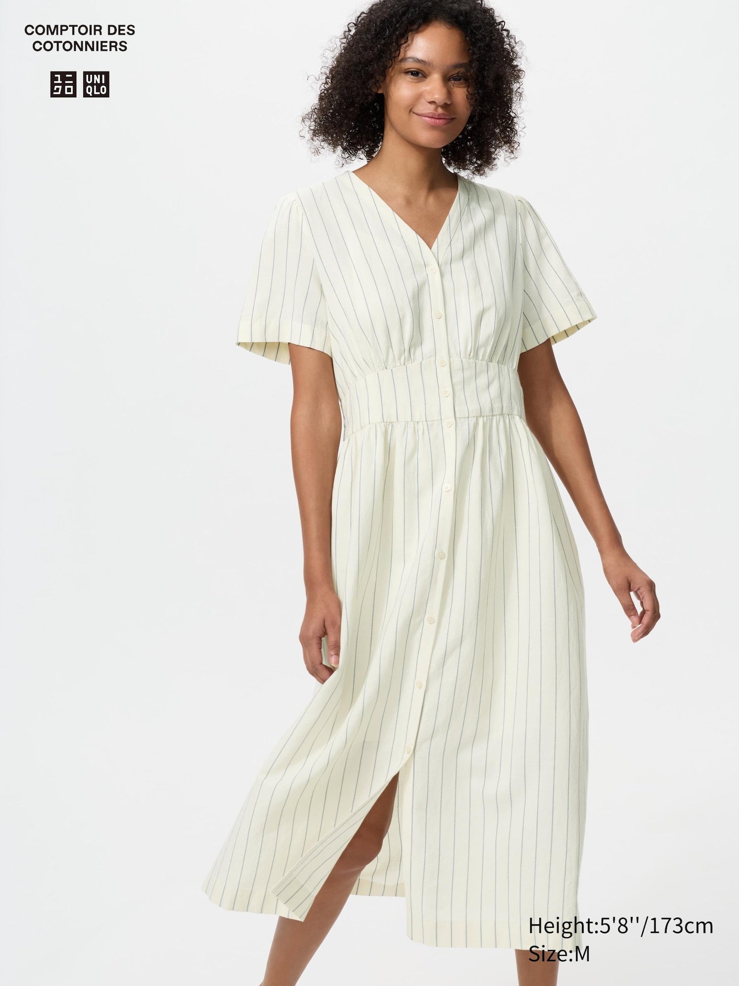 Linen Blend V Neck Dress - OFF WHITE