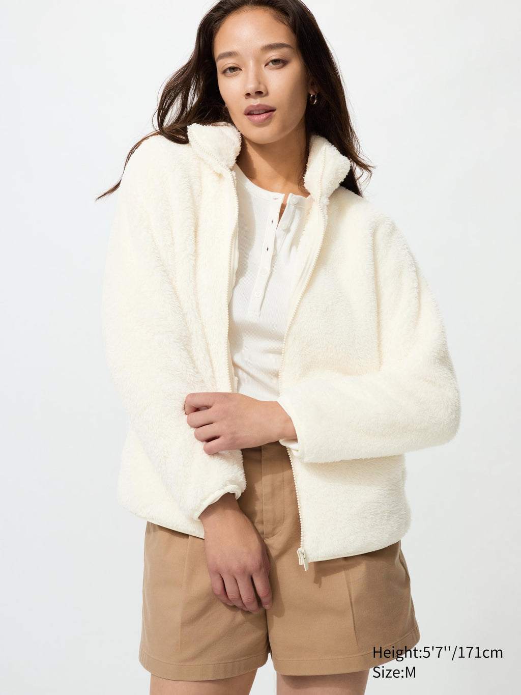 Fluffy Yarn Fleece Full-Zip Long Sleeve Jacket - OFF WHITE