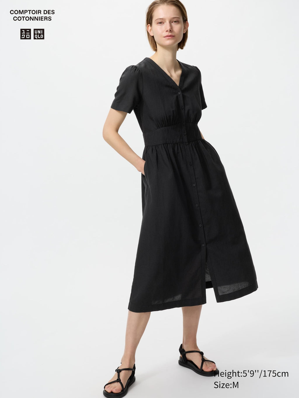 Linen Blend V Neck Dress - BEIGE