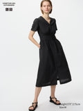 Linen Blend V Neck Dress - BEIGE