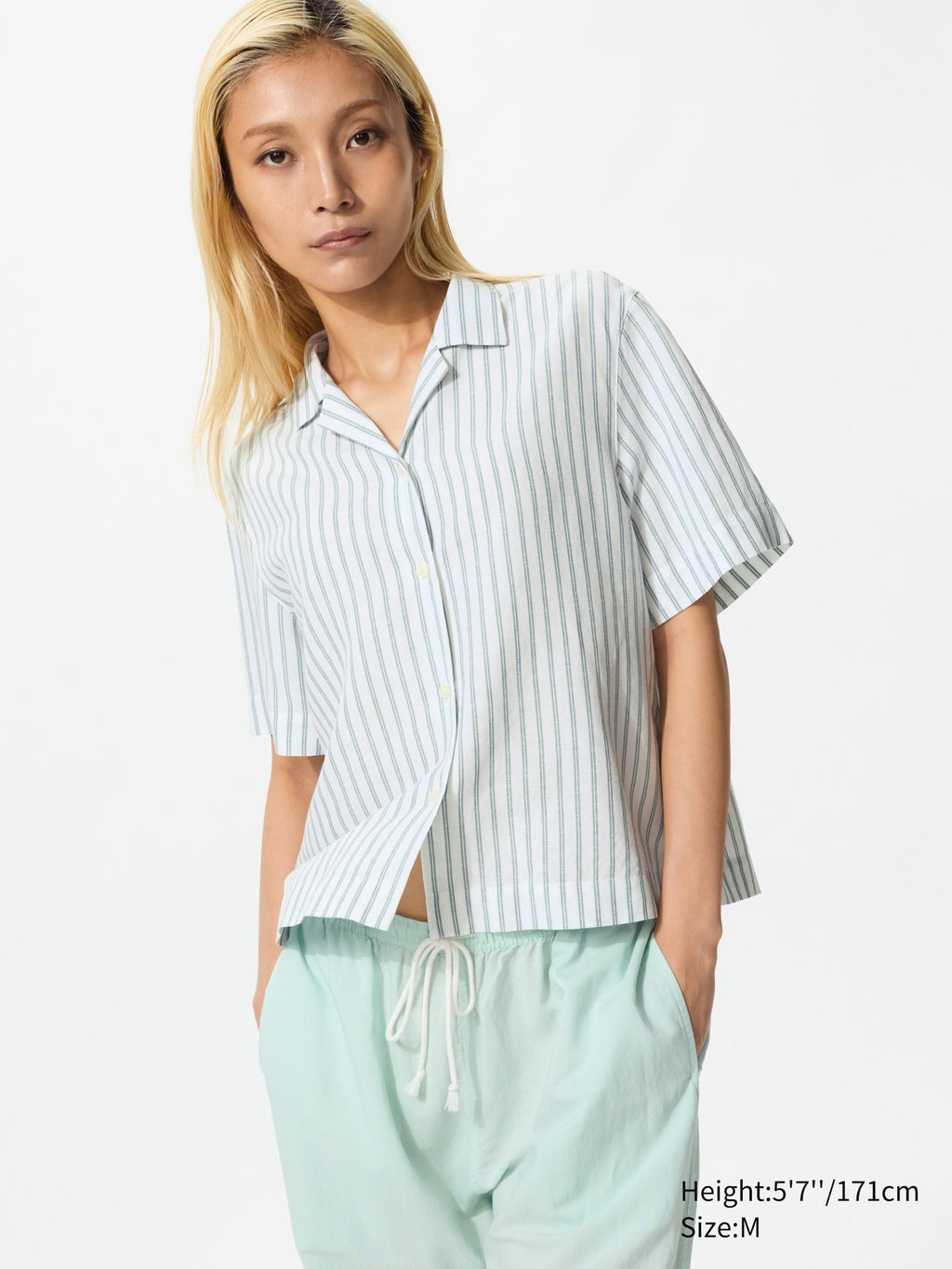 Linen Blend Open Collar Shirt Short Sleeve Striped - GREEN