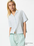 Linen Blend Open Collar Shirt Short Sleeve Striped - GREEN