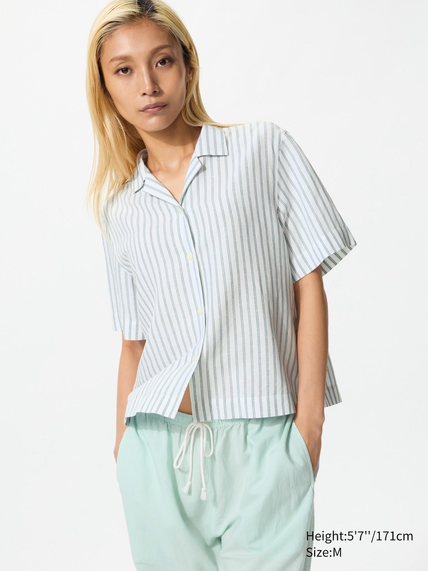 Linen Blend Open Collar Shirt Short Sleeve Striped - GREEN