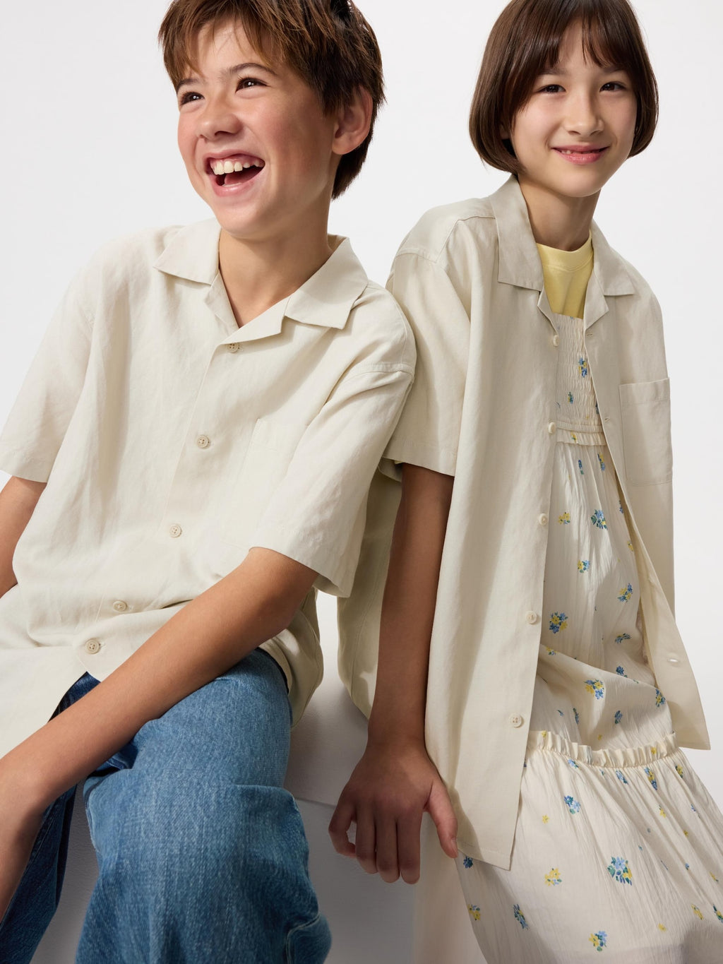 KIDS Linen Blend Open Collar Shirt Short Sleeve - NAVY