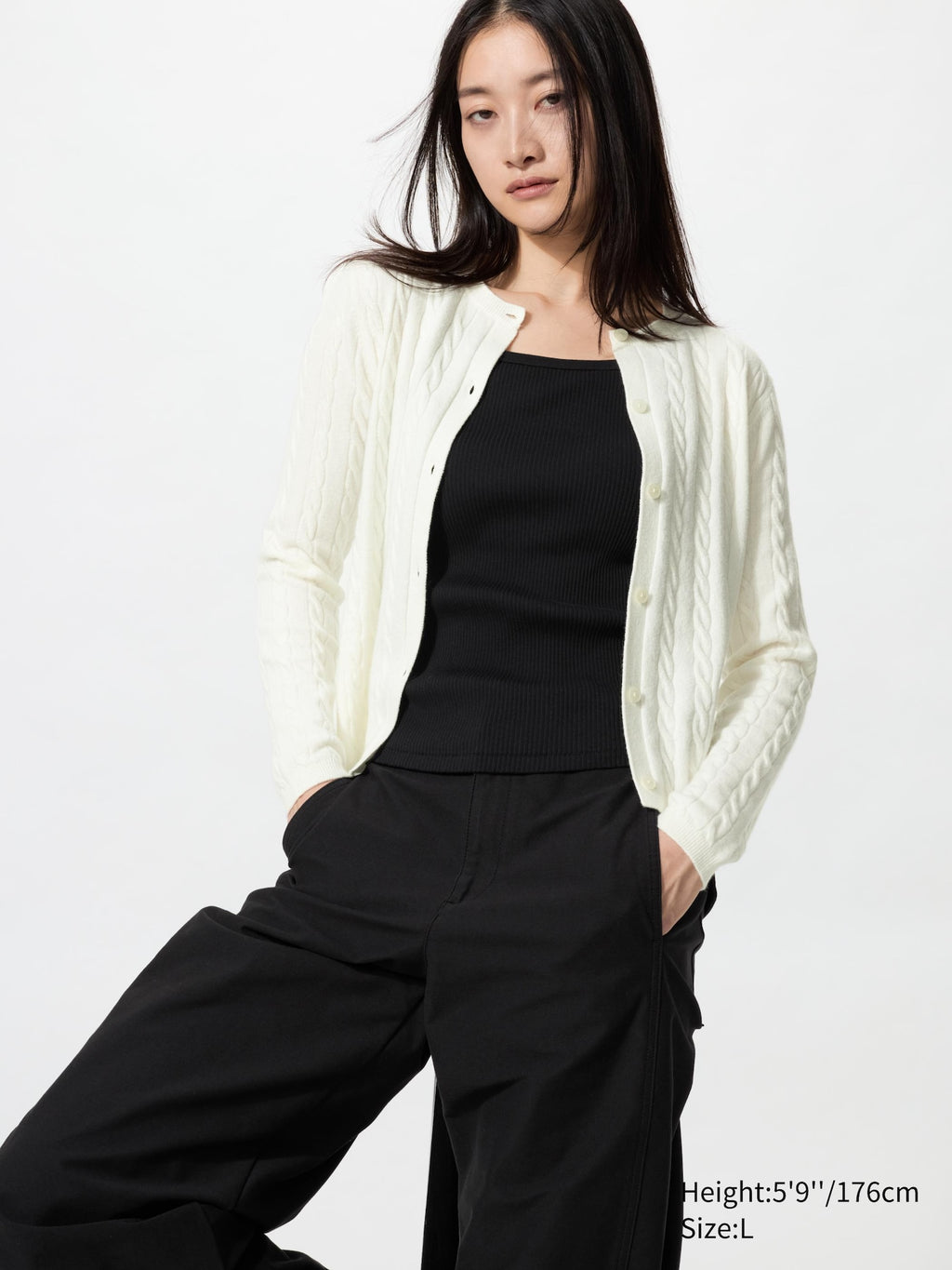 Cable Crew Neck Cardigan - OFF WHITE