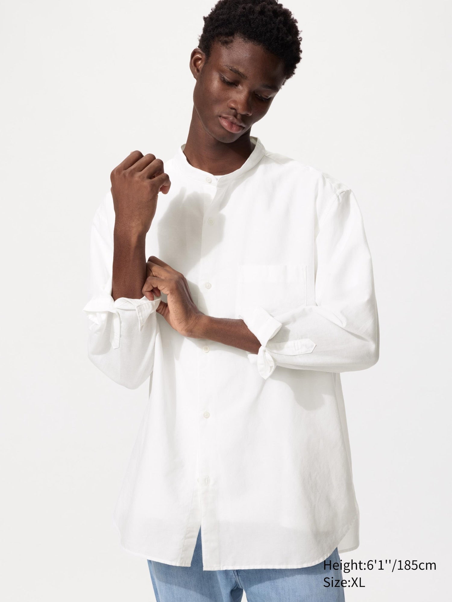Cotton Linen Stand Collar Long Sleeve Shirt - WHITE