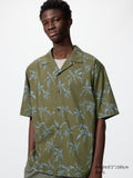 Open Collar Shirt Short Sleeve Printed - OLIVE