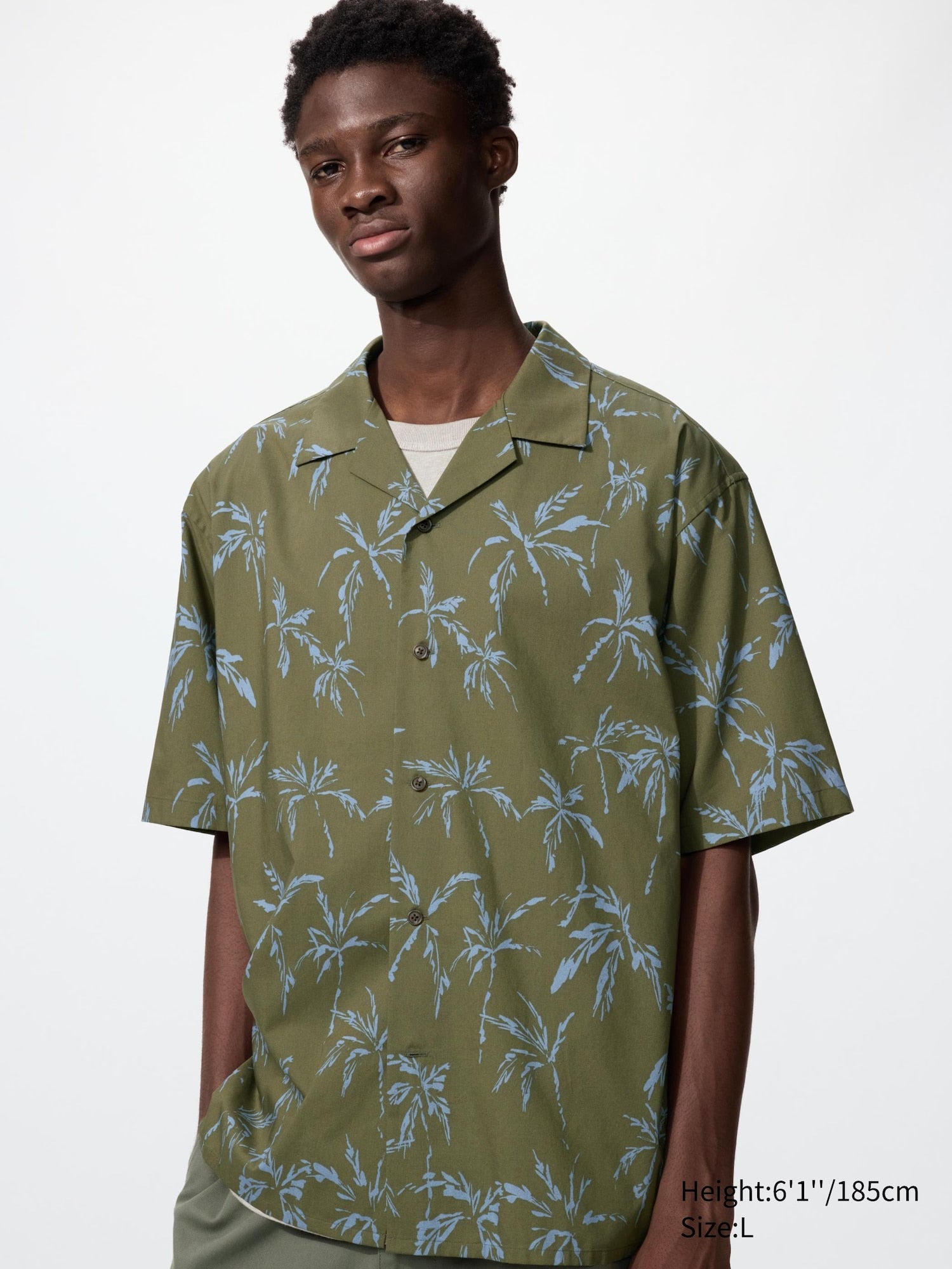 Open Collar Shirt Short Sleeve Printed - OLIVE