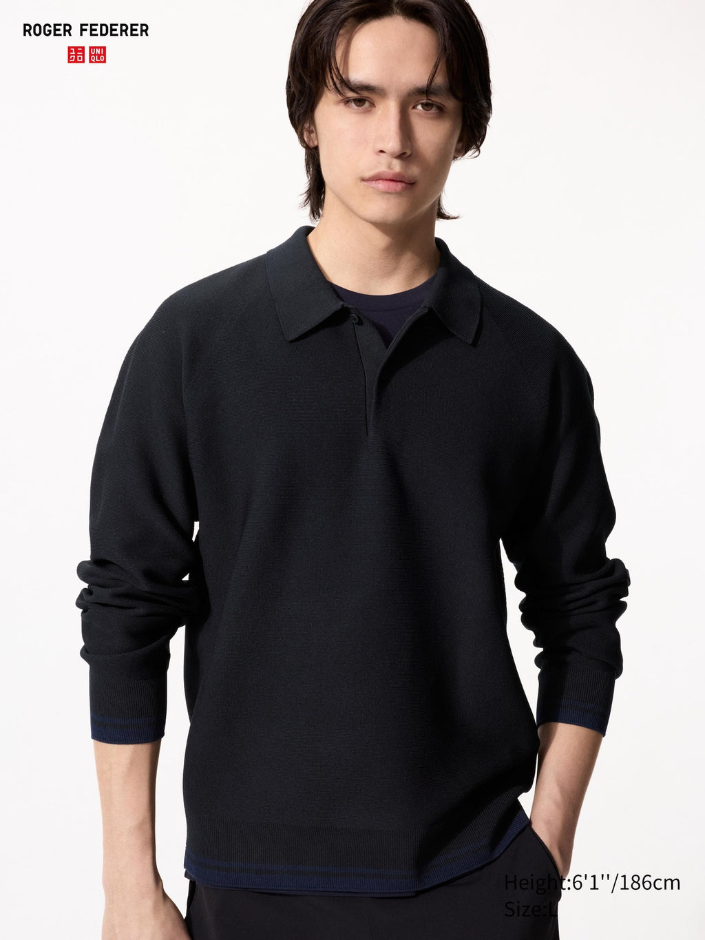 Washable 3D Knit Polo Long Sleeve - BLUE