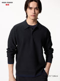 Washable 3D Knit Polo Long Sleeve - BLUE
