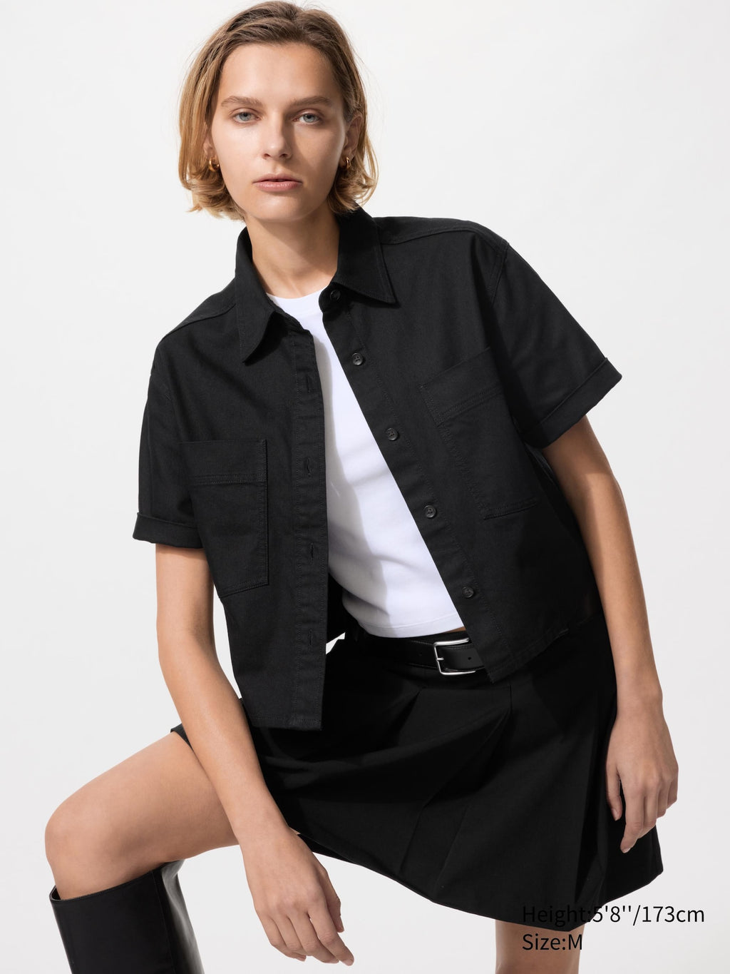 Denim Boxy Shirt Half Sleeve - BLACK