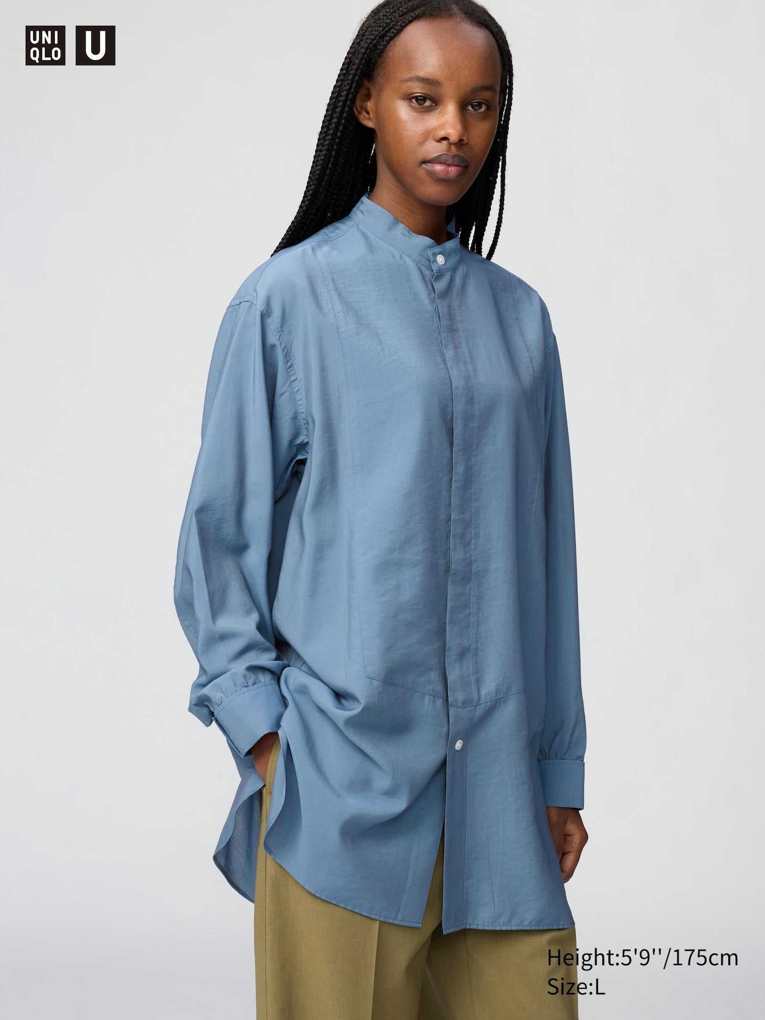 Stand Collar Shirt Long Sleeve - BLUE