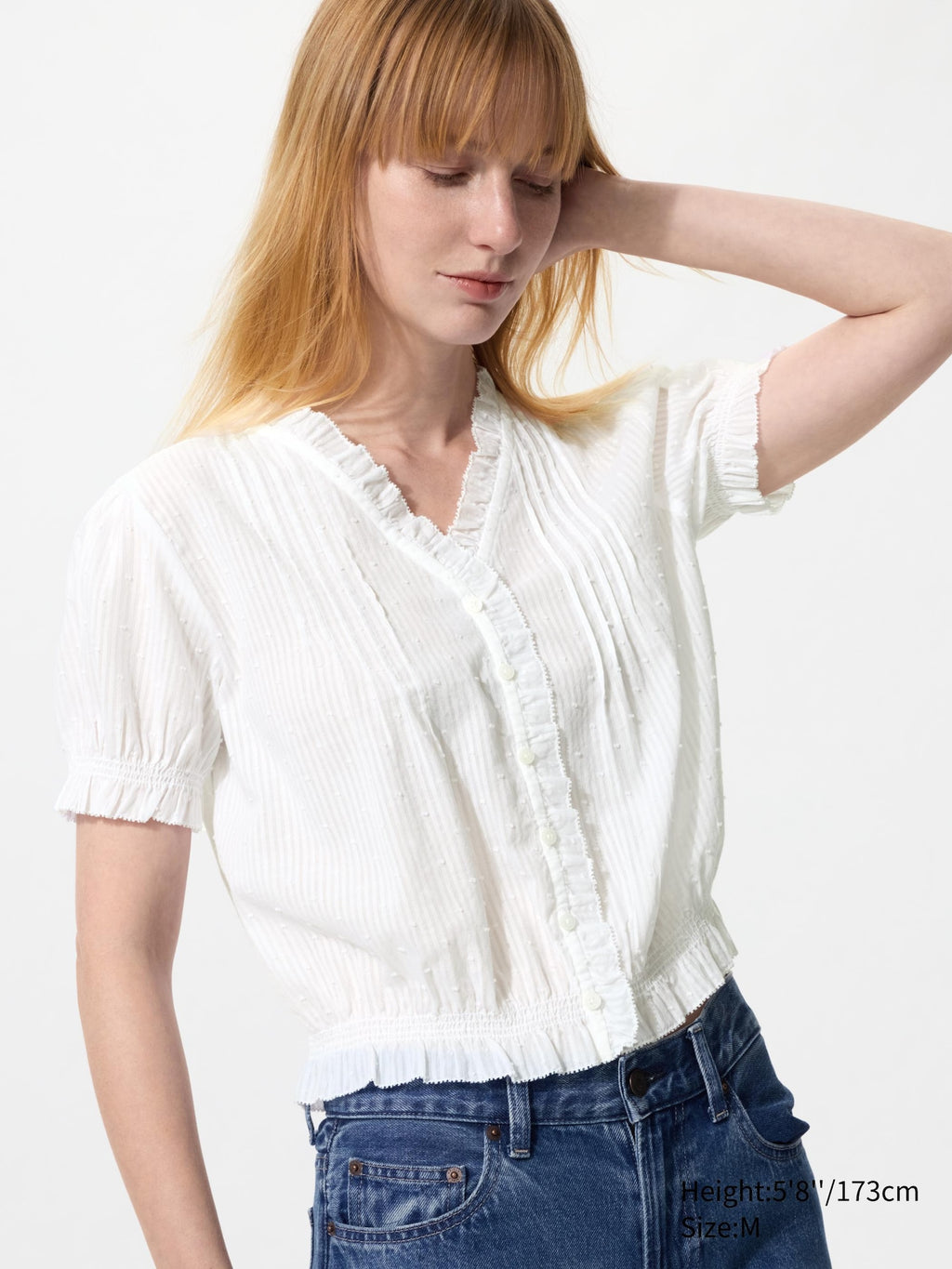 Cotton Dobby V Neck Blouse - WHITE