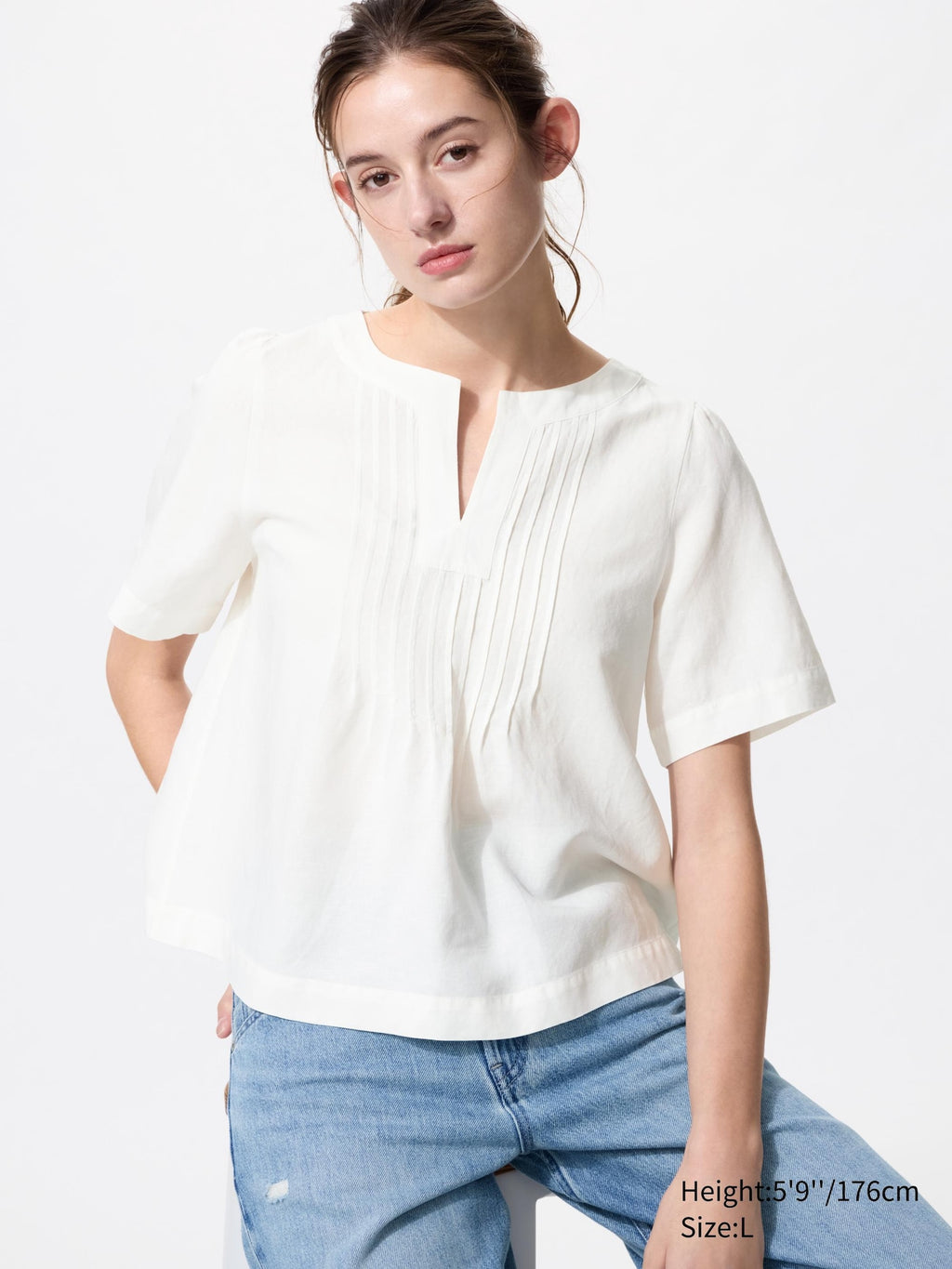 Linen Blend Key Neck Blouse Short Sleeve - OFF WHITE