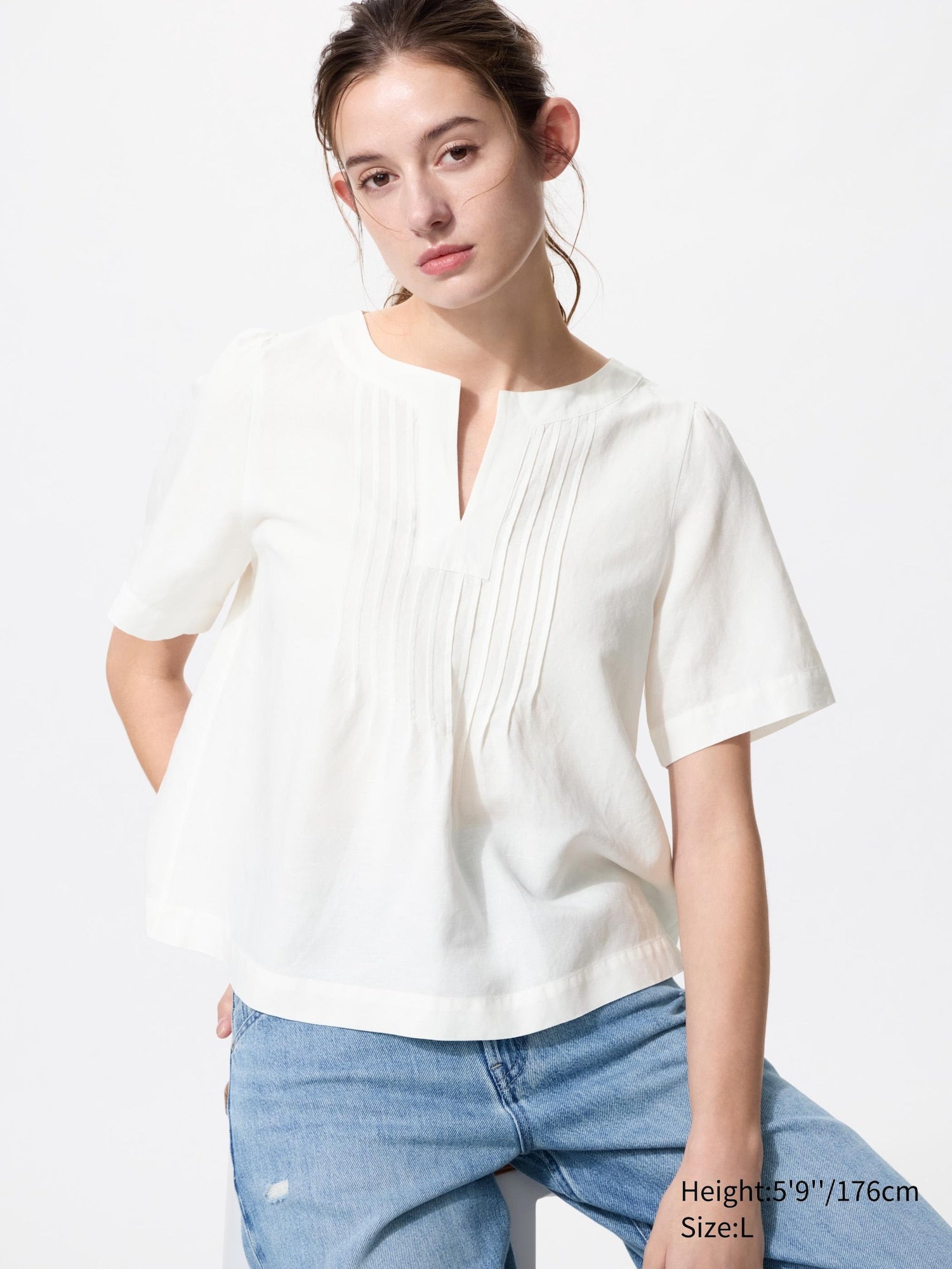 Linen Blend Key Neck Blouse Short Sleeve - OFF WHITE