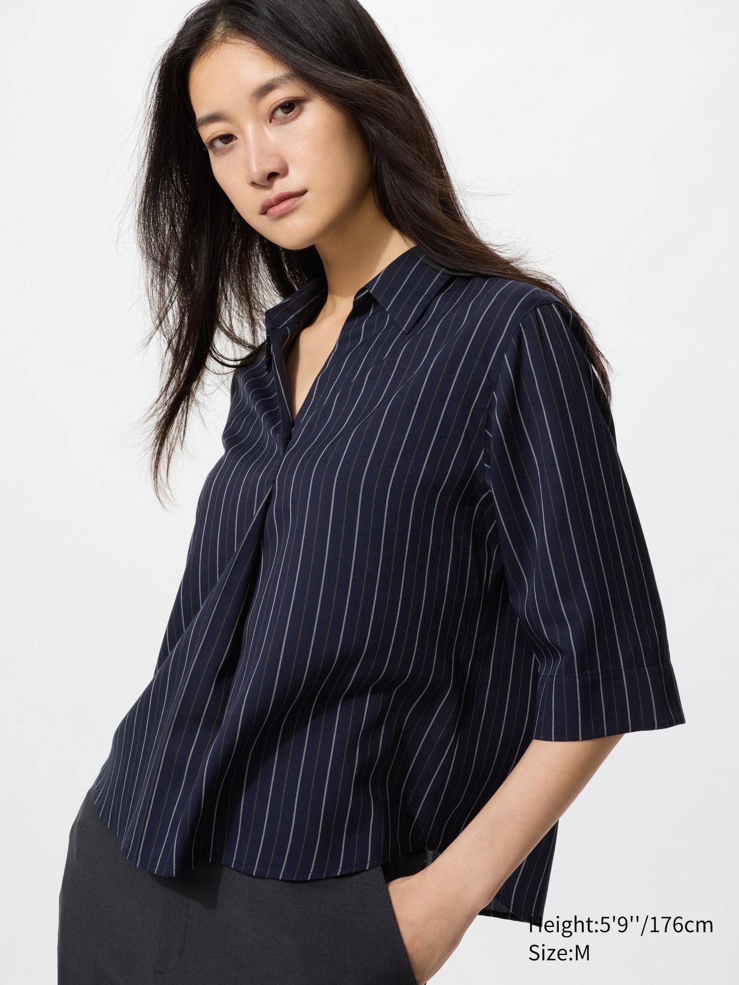 Rayon Skipper Collar Blouse 3/4 Sleeve Striped - OFF WHITE