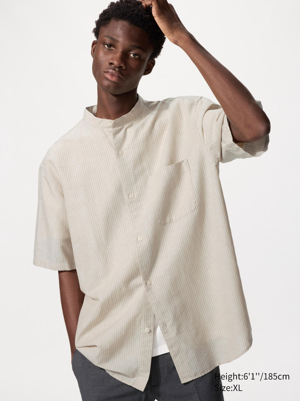 Cotton Linen Stand Collar Shirt - BEIGE