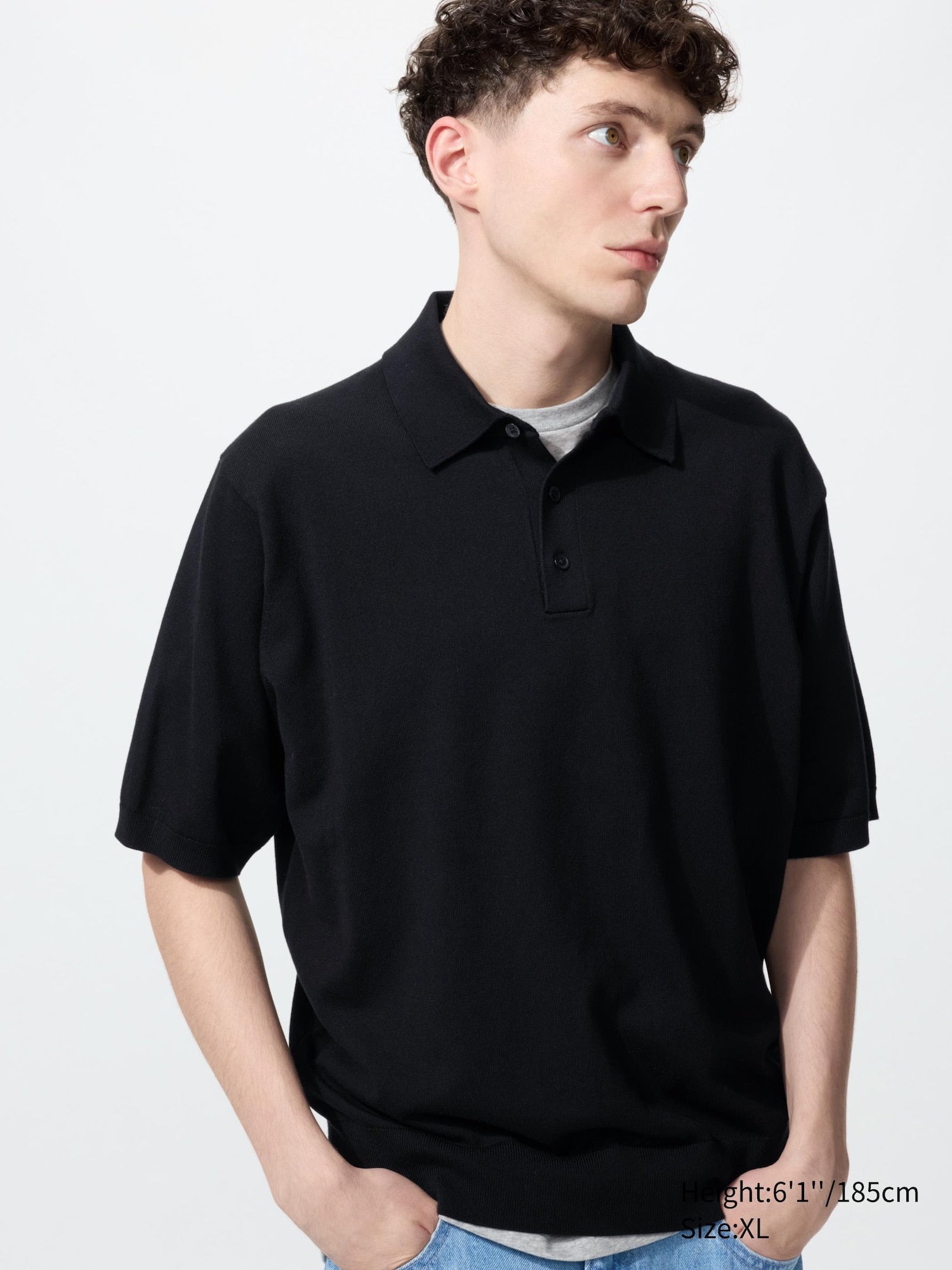 Washable Knitted Polo Sweater Short Sleeve - BLACK