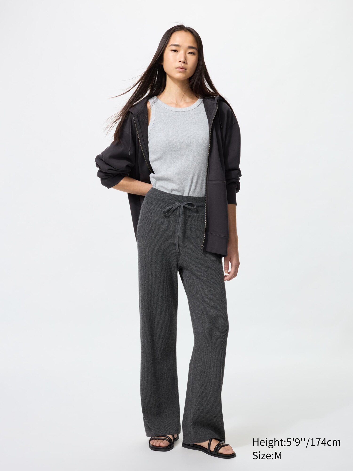 Washable Knit Ribbed Pants (Co-ord) (Longer Length) - GRAY