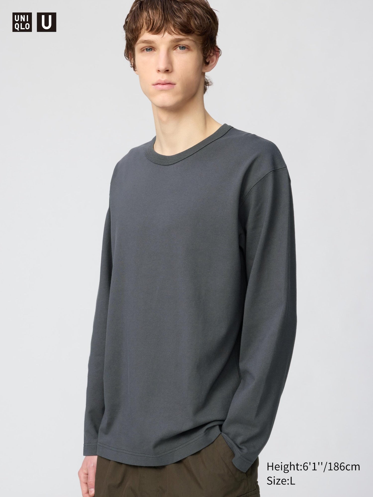 Washed Cotton Crew Neck T-Shirt Long Sleeve - WHITE