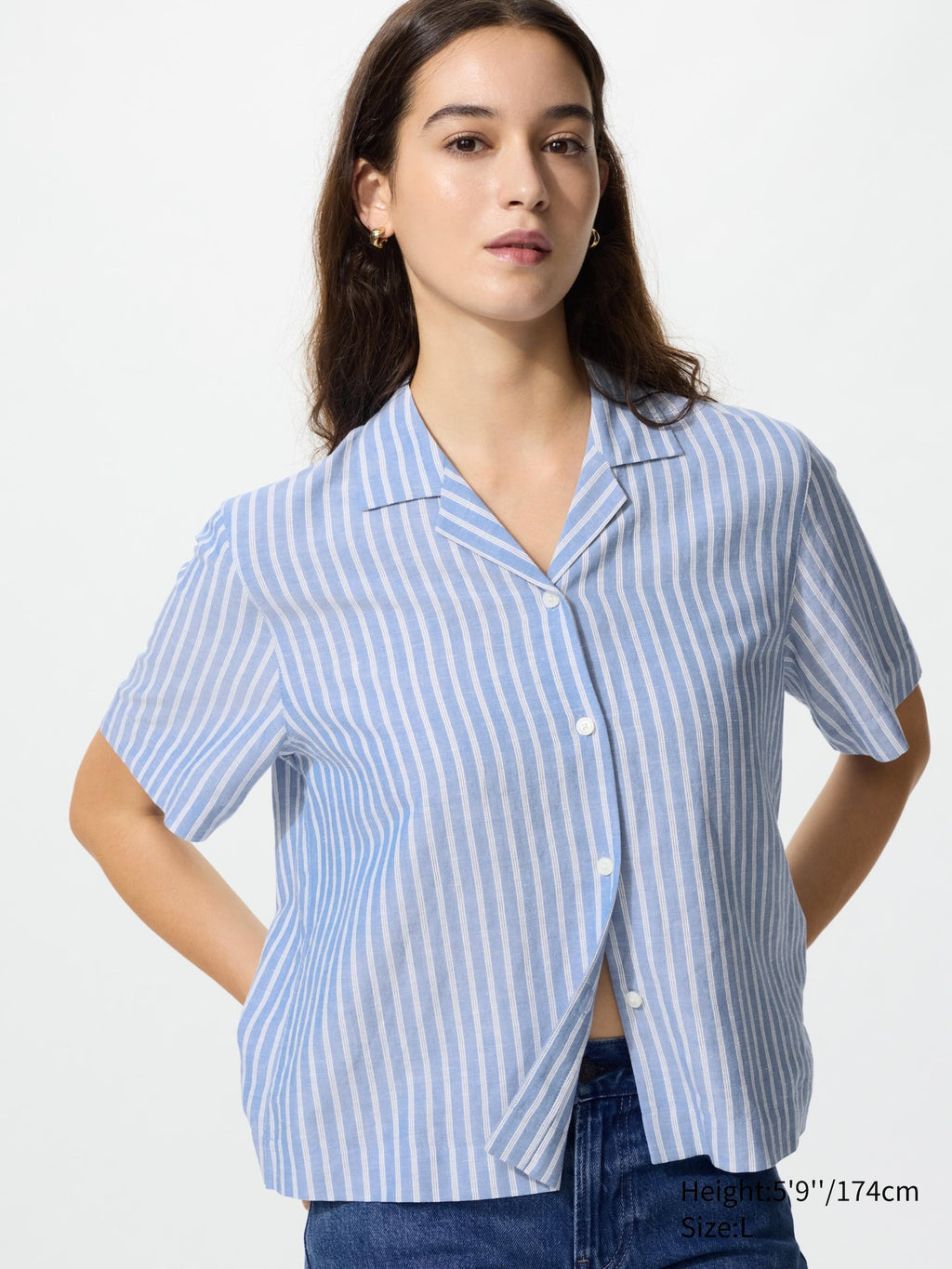 Linen Blend Open Collar Shirt Short Sleeve Striped - GREEN