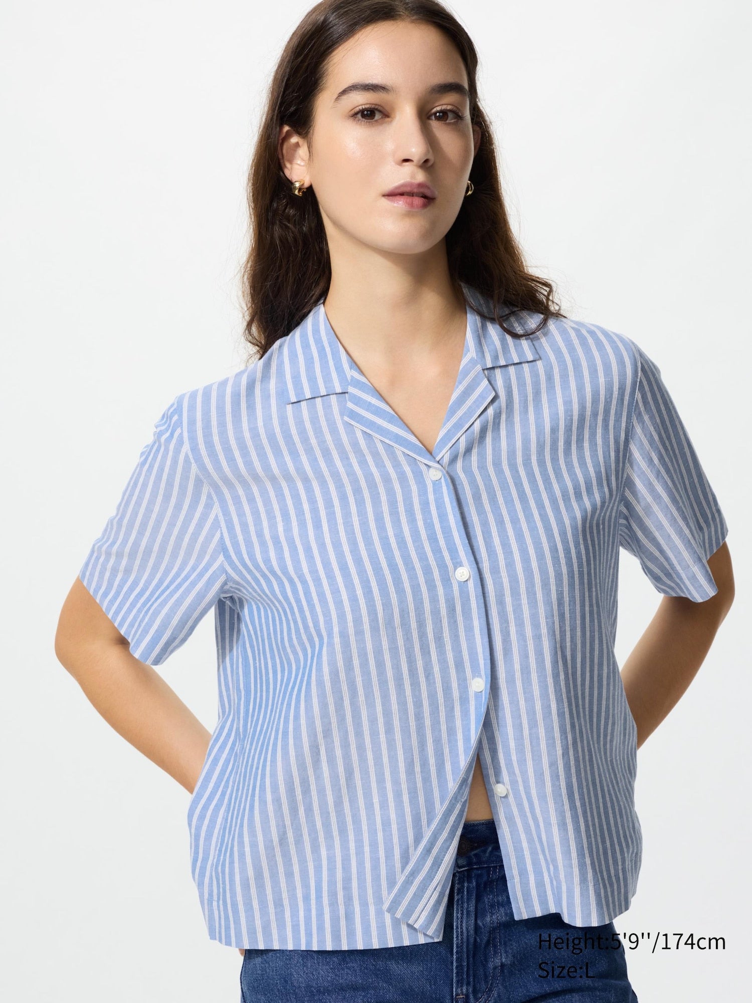 Linen Blend Open Collar Shirt Short Sleeve Striped - GREEN