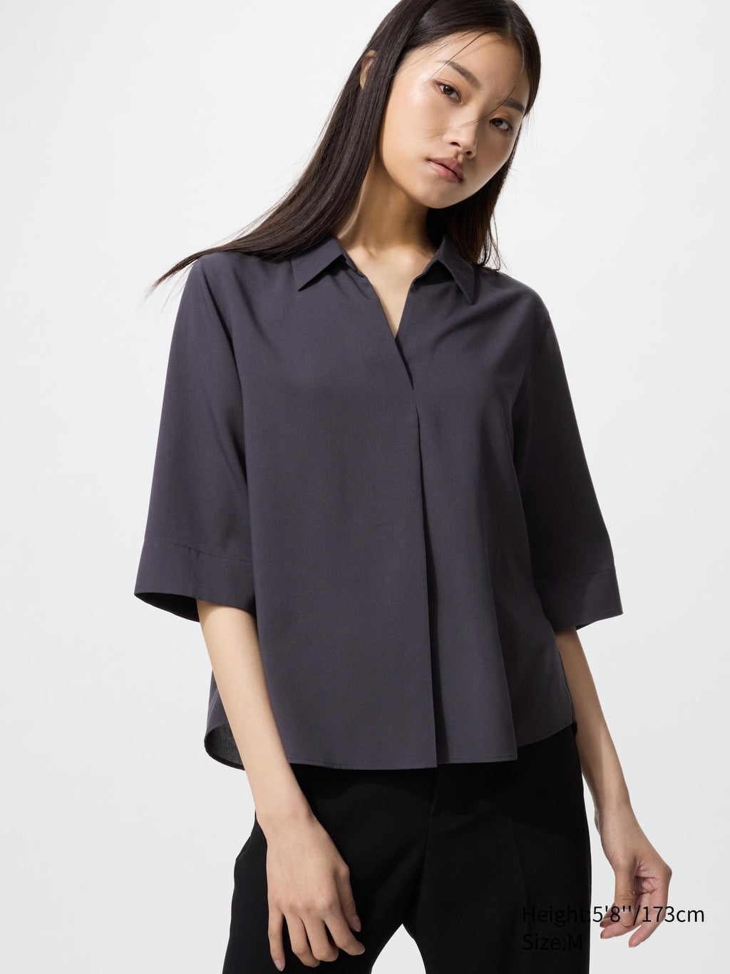Rayon Skipper Collar Blouse 3/4 Sleeve - WHITE