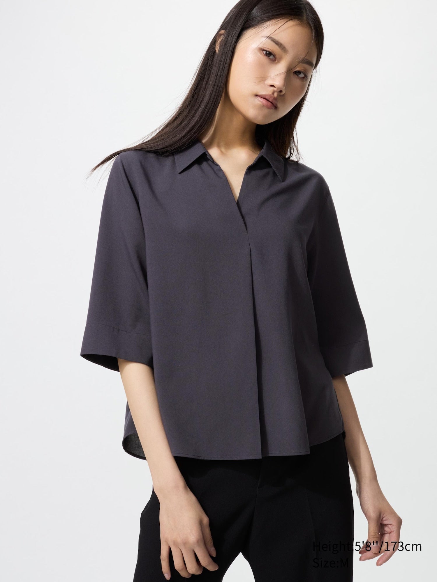Rayon Skipper Collar Blouse 3/4 Sleeve - WHITE