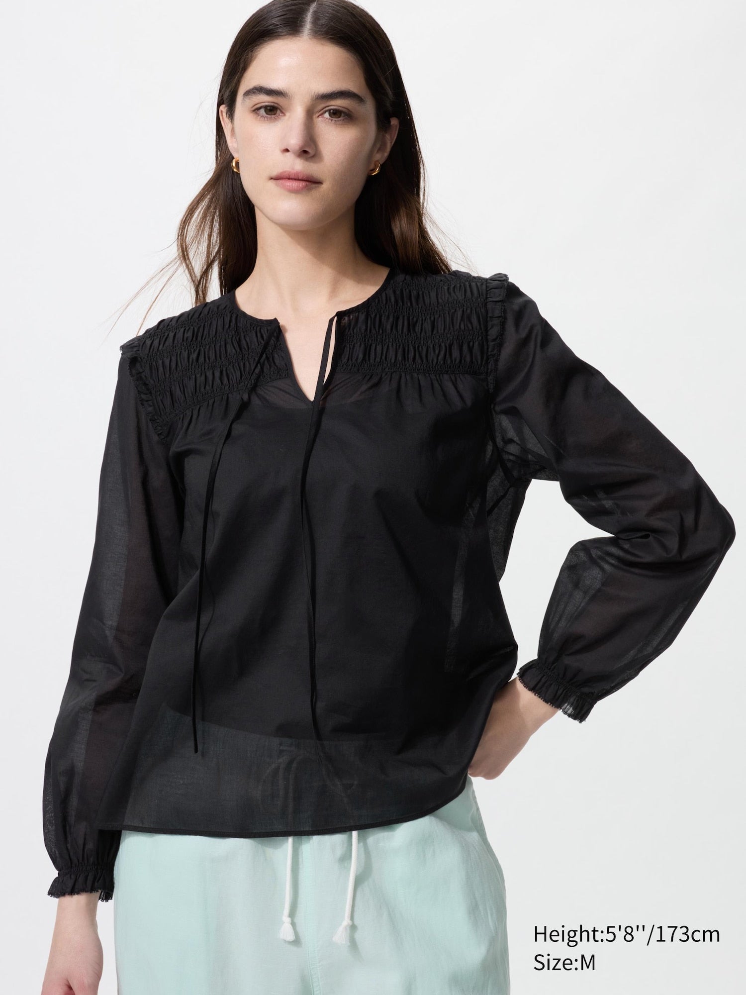Light Cotton Shirring Blouse - BLACK