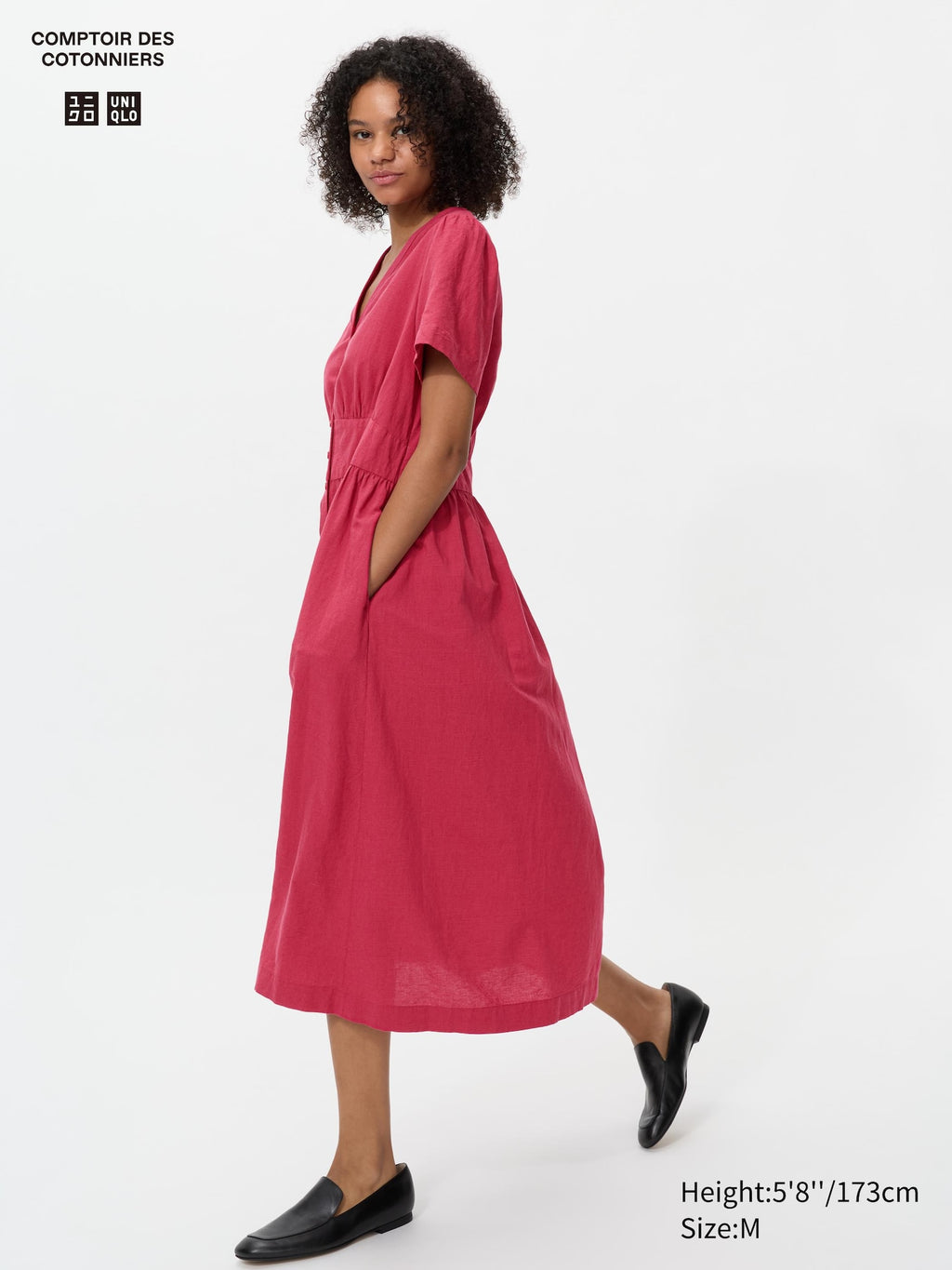 Linen Blend V Neck Dress - BEIGE