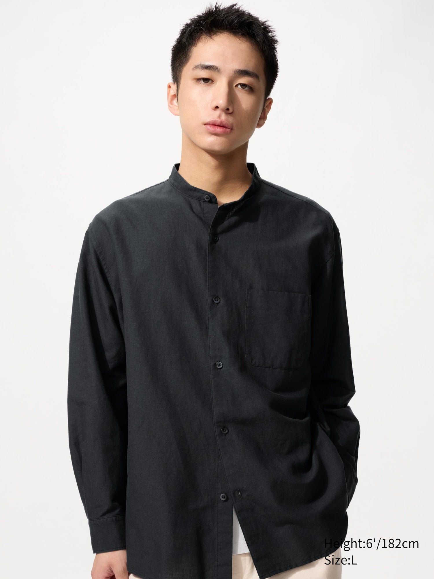 Cotton Linen Stand Collar Long Sleeve Shirt - WHITE