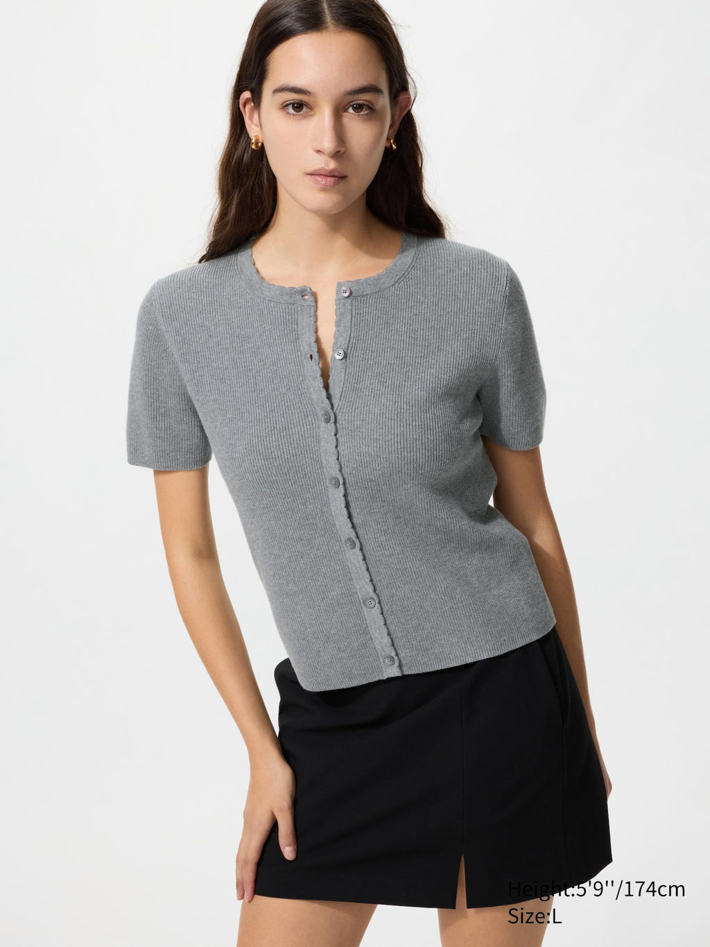 Scalloped Crew Neck Cardigan - DARK BROWN