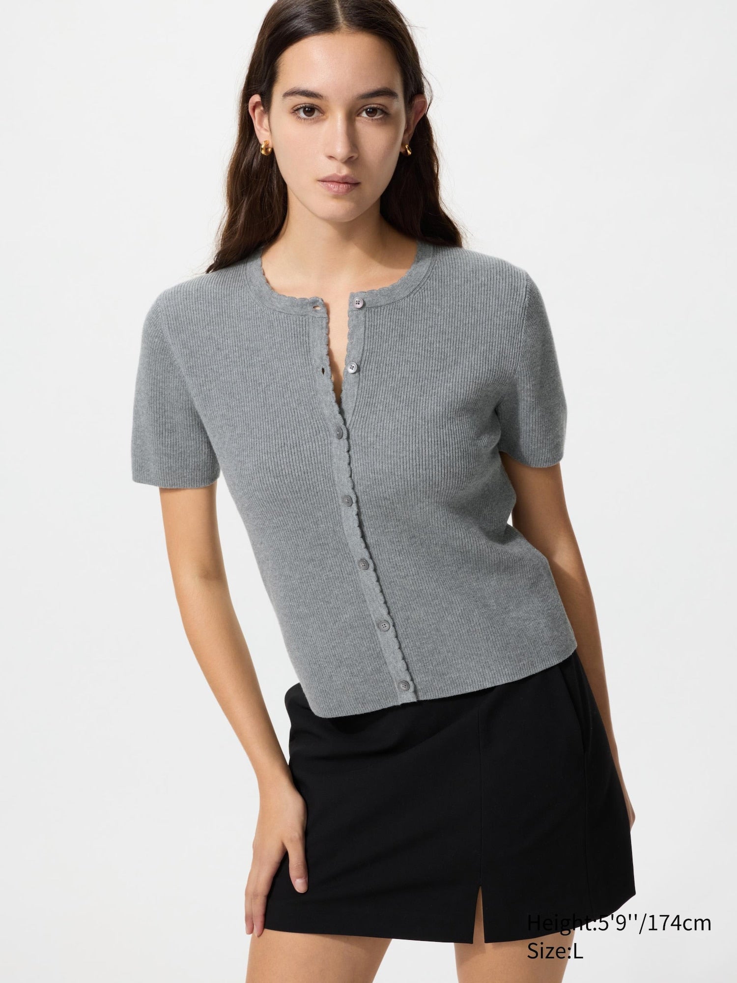 Scalloped Crew Neck Cardigan - DARK BROWN