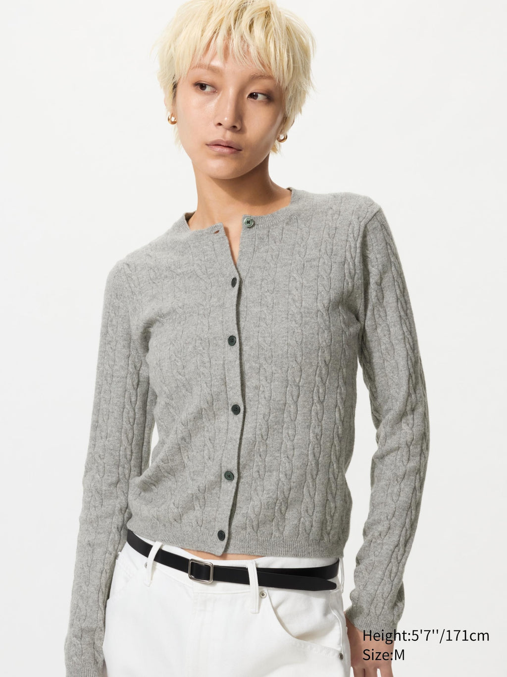 Cable Crew Neck Cardigan - OFF WHITE