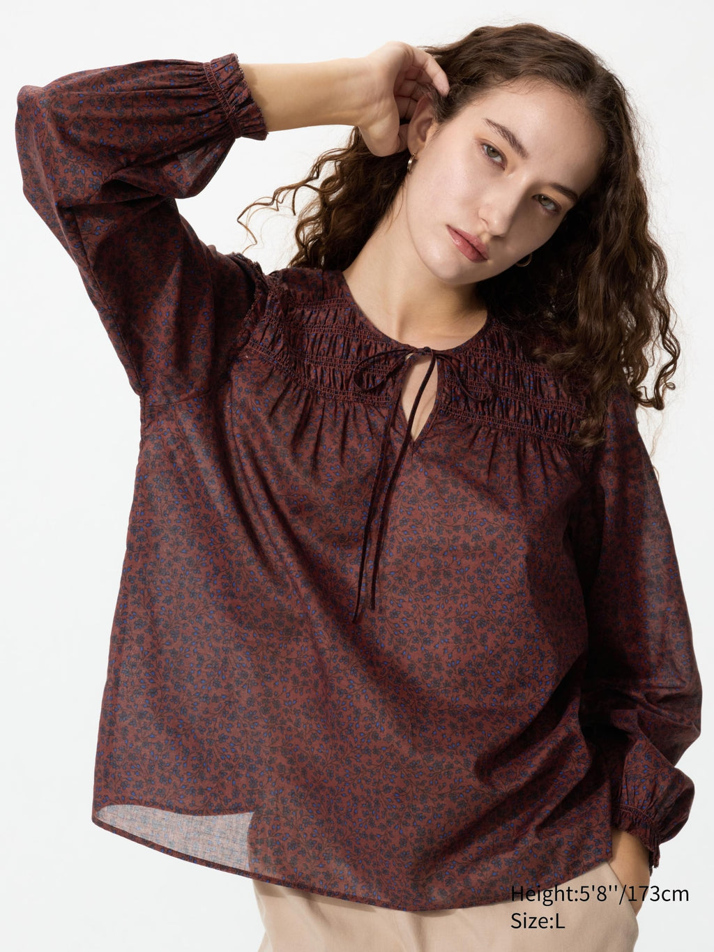 Light Cotton Shirring Blouse - BROWN