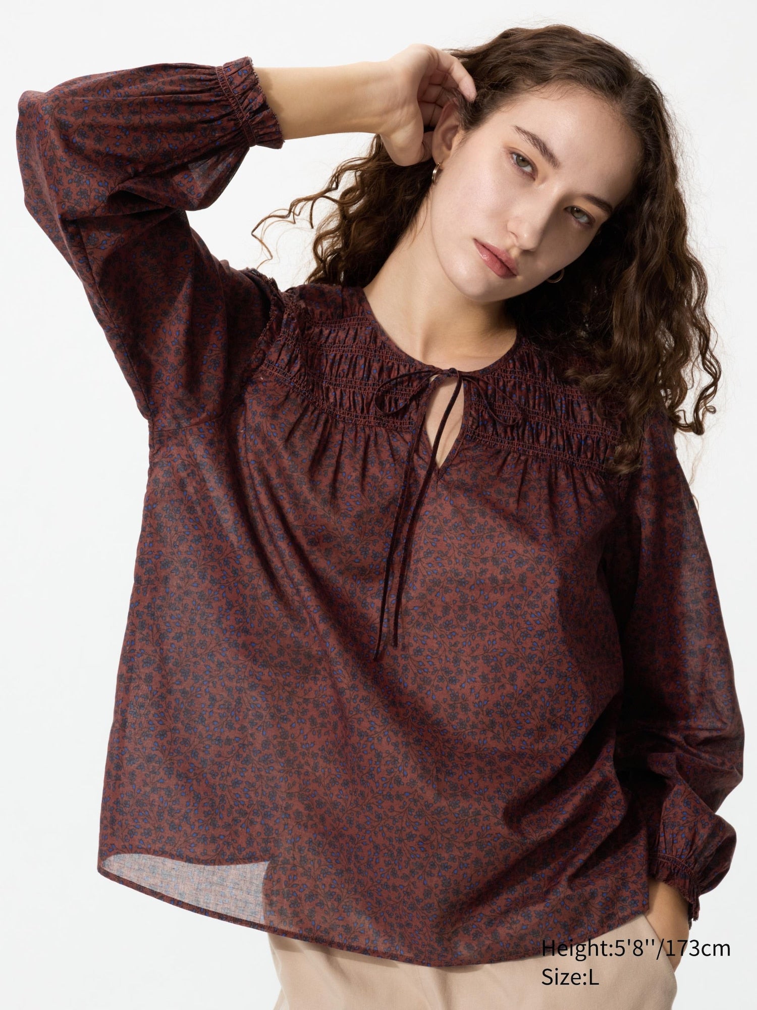Light Cotton Shirring Blouse - BROWN