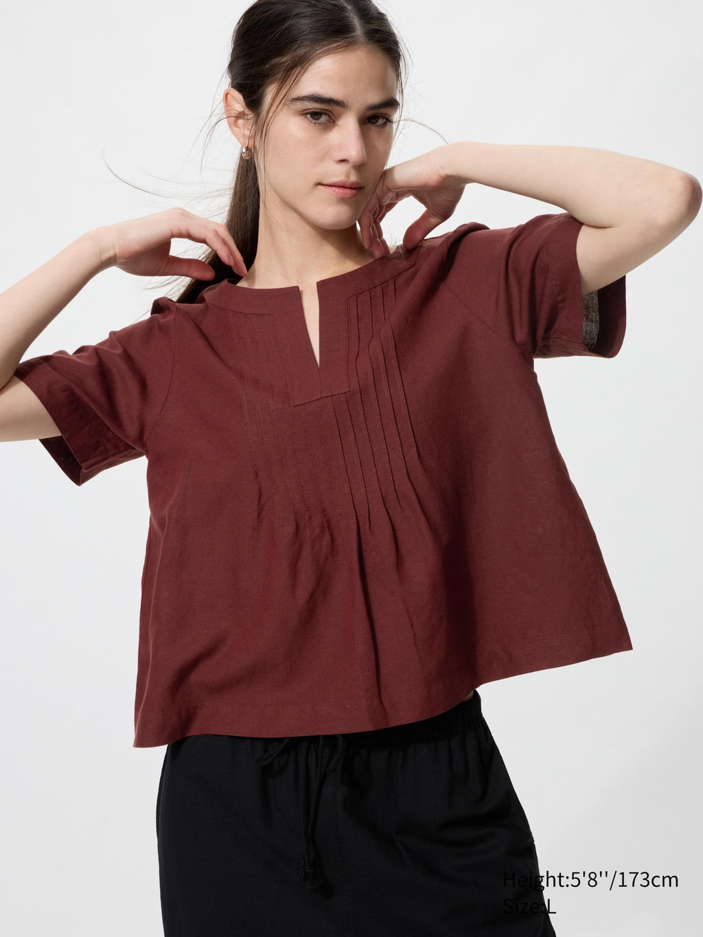 Linen Blend Key Neck Blouse Short Sleeve - OFF WHITE