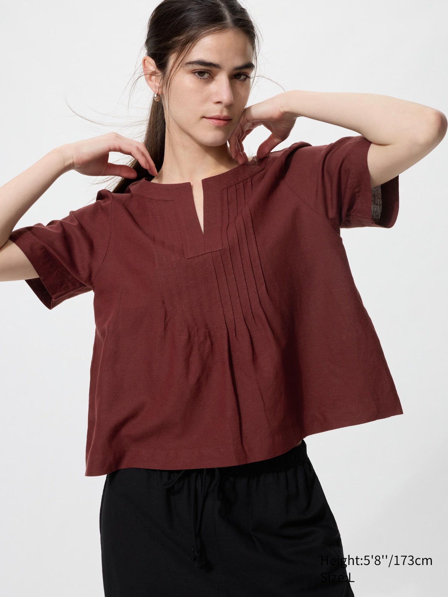 Linen Blend Key Neck Blouse Short Sleeve - OFF WHITE