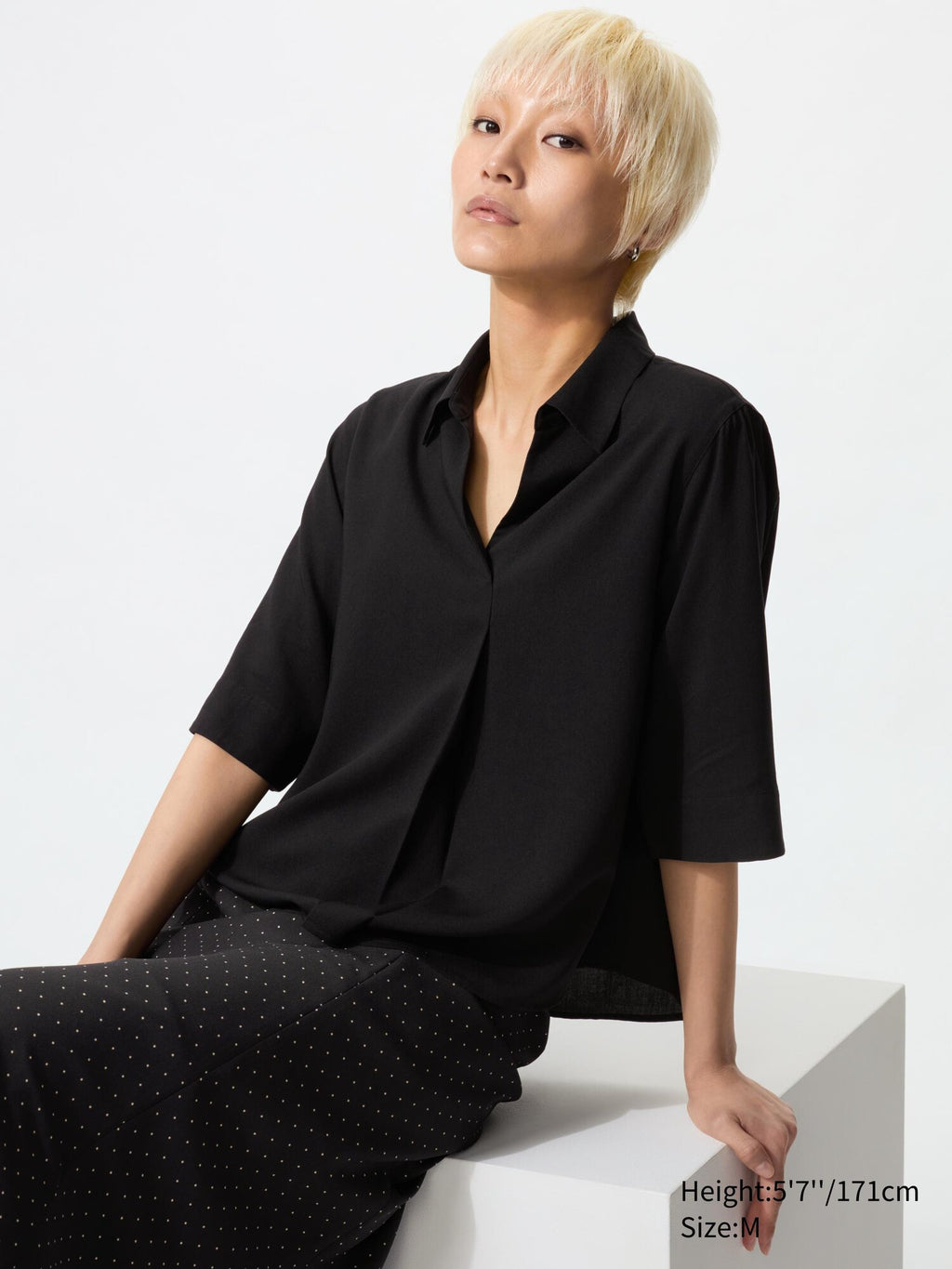 Rayon Skipper Collar Blouse 3/4 Sleeve - WHITE