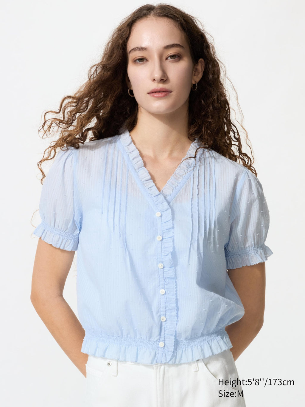 Cotton Dobby V Neck Blouse - WHITE