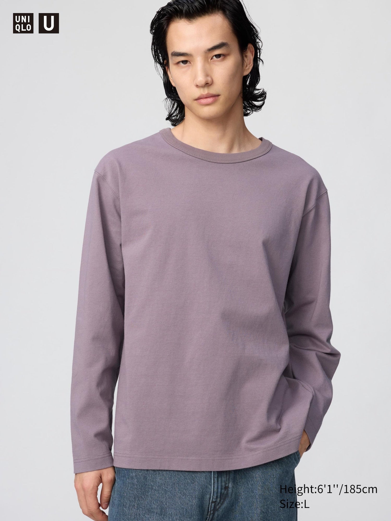 Washed Cotton Crew Neck T-Shirt Long Sleeve - WHITE