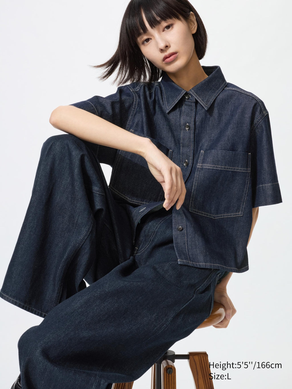 Denim Boxy Shirt Half Sleeve - BLACK