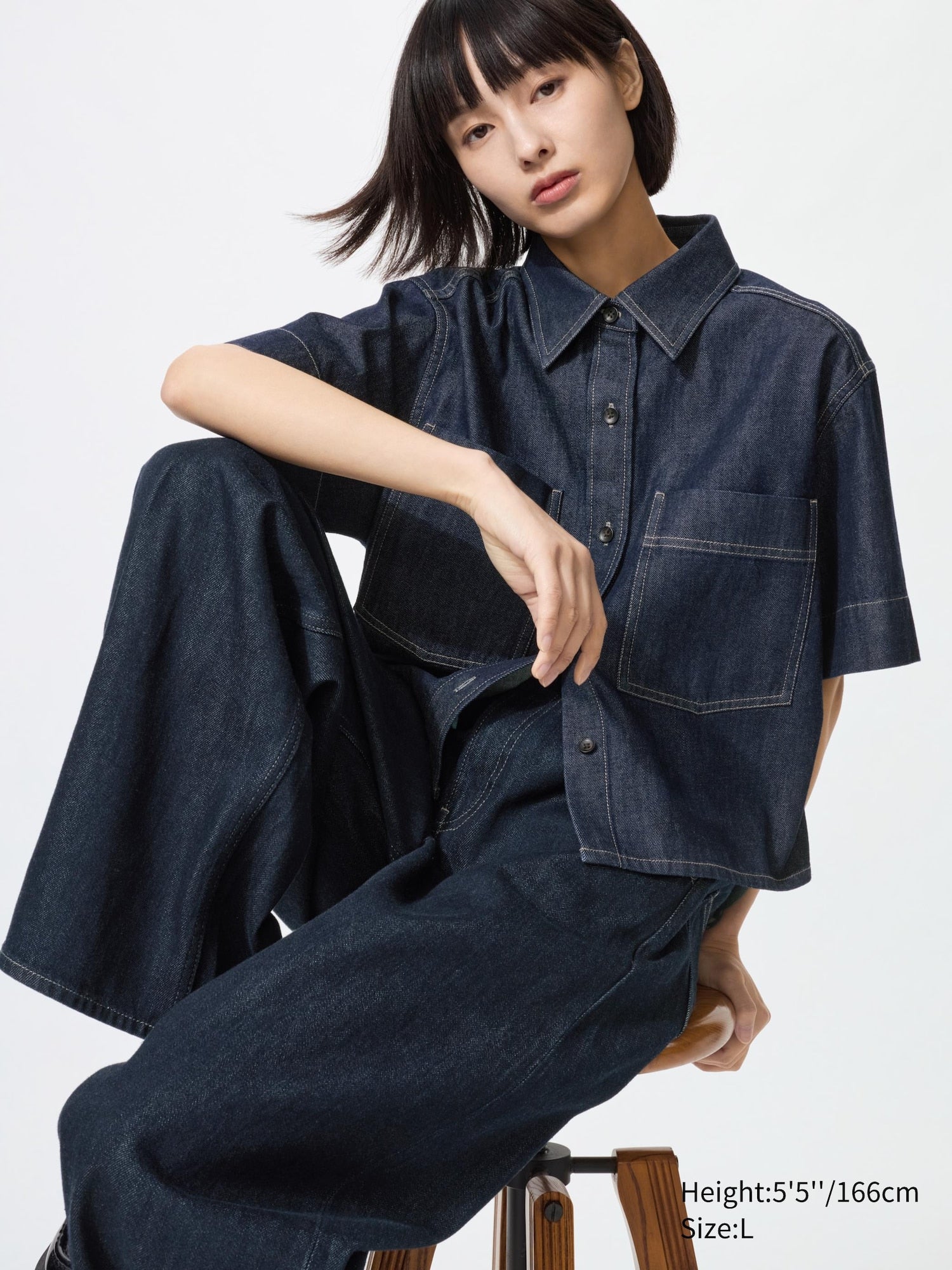 Denim Boxy Shirt Half Sleeve - BLACK